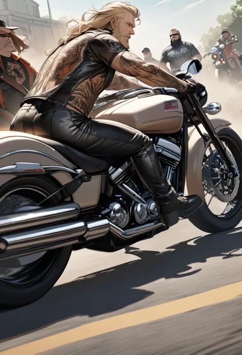 best quality, super fine, 16k, incredibly absurdres, extremely detailed, 2.5D, delicate and dynamic depiction, huge group of Harley riders, blondes, beards, tattoos, leather clothing, the roads of the American Midwest