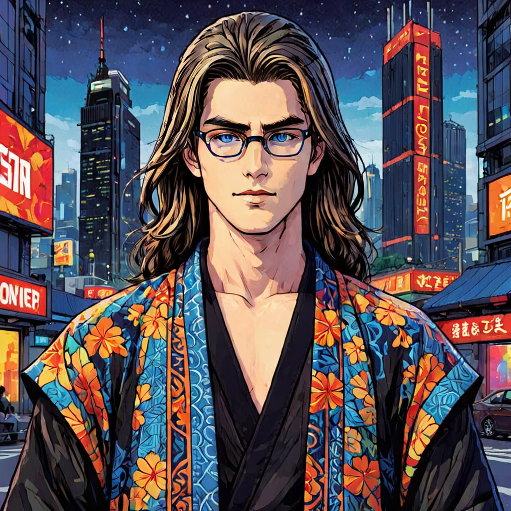 Une illustration de style manga représentant un jeune homme aux longues, cheveux flottants et yeux bleu vif. Il porte un kimono noir aux motifs géométriques audacieux. L&#39;arrière-plan est un paysage urbain animé avec des gratte-ciel imposants et des néons. La technique d&#39;empâtement épais crée de la texture et de la profondeur dans l&#39;illustration, avec des lignes graphiques audacieuses définissant les traits de l&#39;homme et les détails complexes de ses vêtements. Les couleurs sont vives et saturées, avec des rouges, des oranges, et les jaunes dominent la scène. L&#39;effet global est dynamique et énergique, capturer l&#39;excitation et l&#39;intensité de la vie urbaine moderne, porter des lunettes, cheveux blond