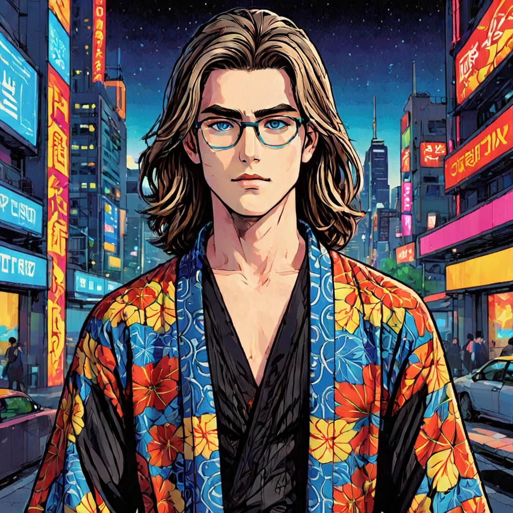 Una ilustración de estilo manga que presenta a un joven con cabello largo., cabello suelto y ojos azules brillantes. Lleva un kimono negro con atrevidos patrones geométricos.. El fondo es un paisaje urbano vibrante con imponentes rascacielos y luces de neón.. La técnica de empasto grueso crea textura y profundidad en la ilustración., Con líneas gráficas audaces que definen los rasgos del hombre y los intrincados detalles de su ropa.. Los colores son vivos y saturados, con rojos, naranjas, y los amarillos dominando la escena. El efecto general es dinámico y enérgico., Capturando la emoción y la intensidad de la vida urbana moderna., usando lentes, pelo rubio