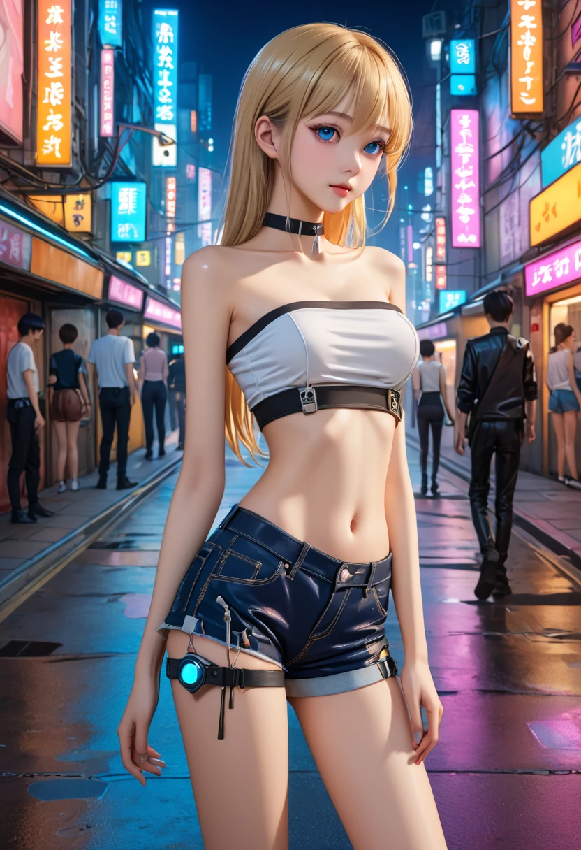 ((masterpiece,Highest quality:1.3)), 8k wallpaper、cowboy shot,1woman、20 year old beauty、独奏,((very small head:1.5)),blonde hair,long hair,bangs,blue eyes,gorgeous eyes,shy,medium breasts,((very long body:1.3)),(toned body,slender body,skinny),gleaming skin,shiny skin,oily skin,(Tube top shirt、Micro Shorts、on street,Metropolis、cyber punk、