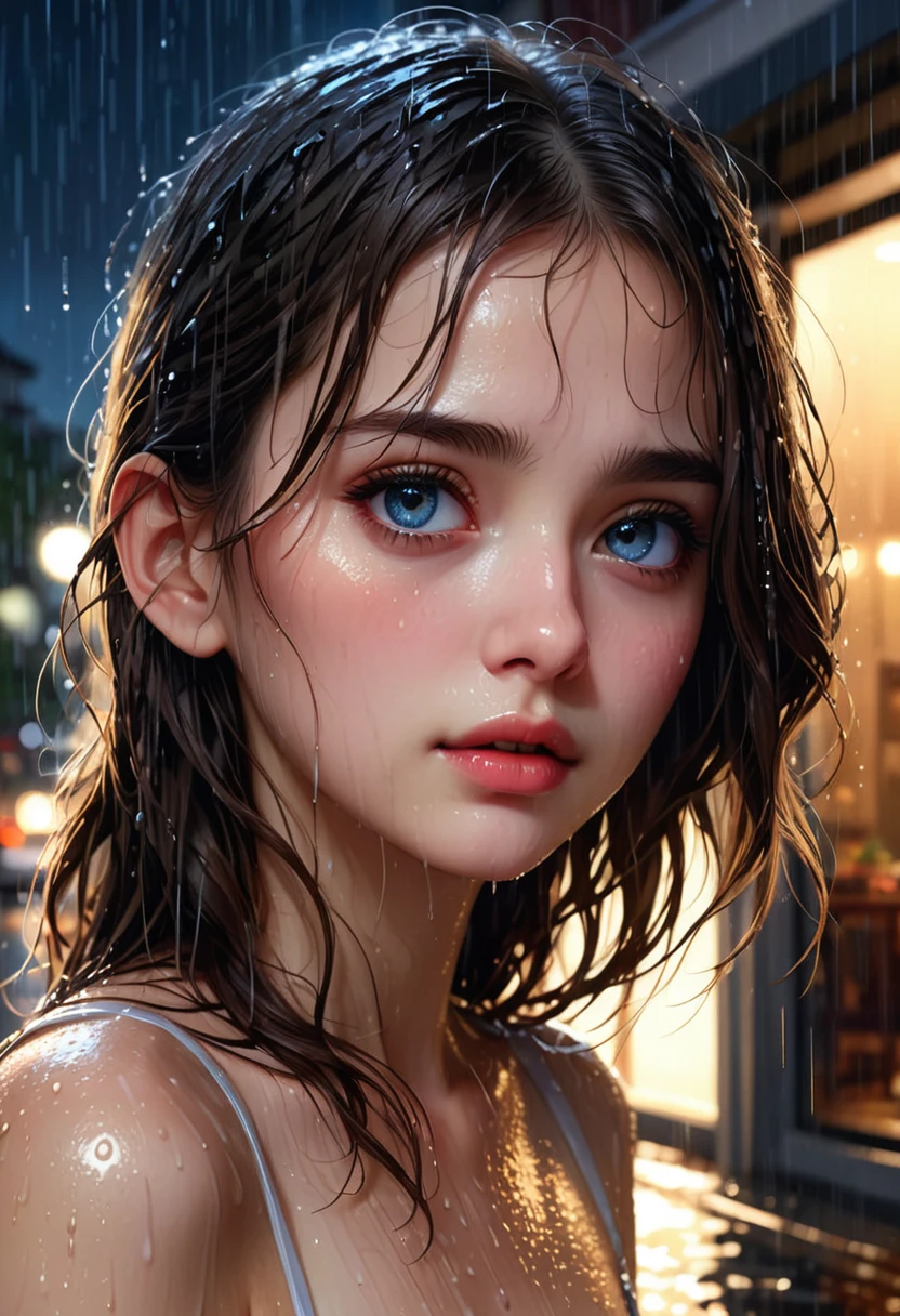 one girl soaked in the rain, skin reflected by the light of the building, night,(((masterpiece))), (((best quality))), ((ultra-detailed)), (illustration), (detailed light),((an extremely delicate and beautiful)),(beautiful detailed eyes),