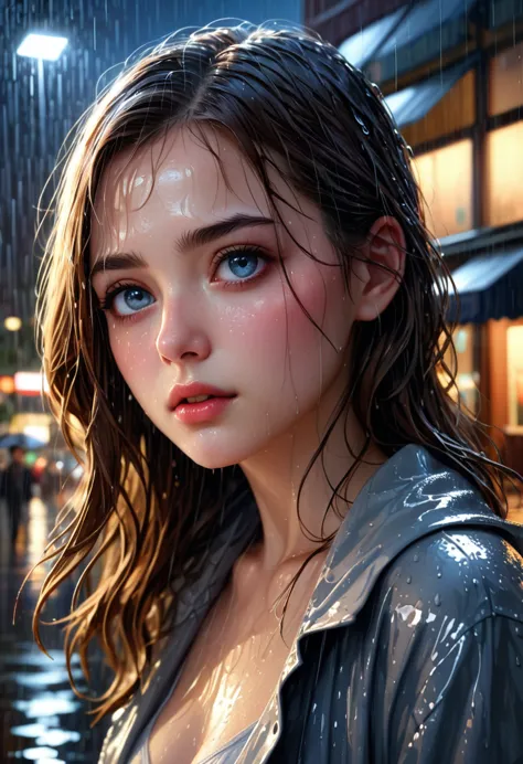 one girl soaked in the rain, skin reflected by the light of the building, night,(((masterpiece))), (((best quality))), ((ultra-d...