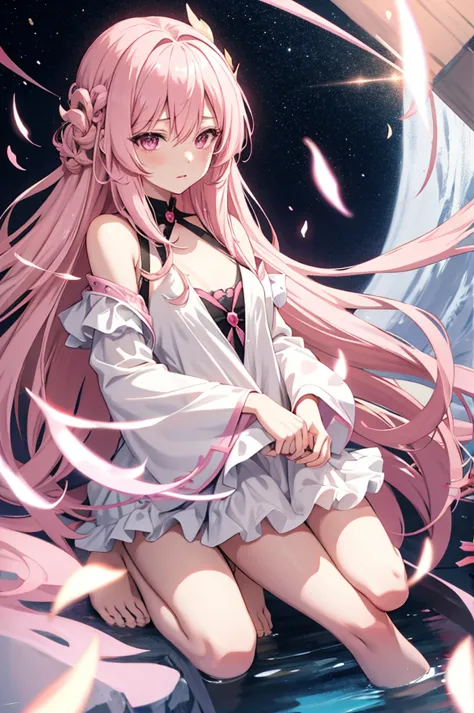 solo, 1girl, mature anime female, light pink hair, long hair, dark pink eyes, subtle blush, love goddess, sundress