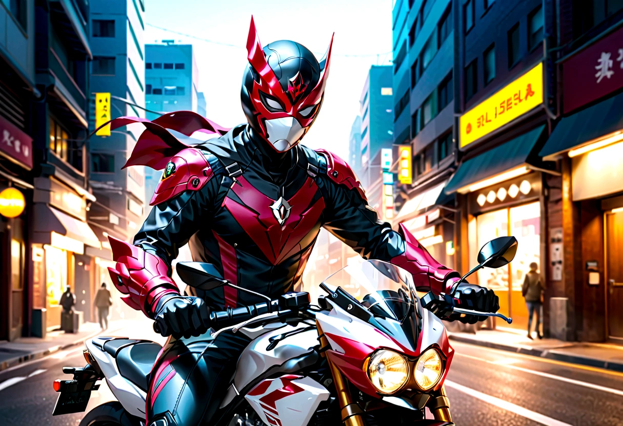 masked rider on a motorcycle