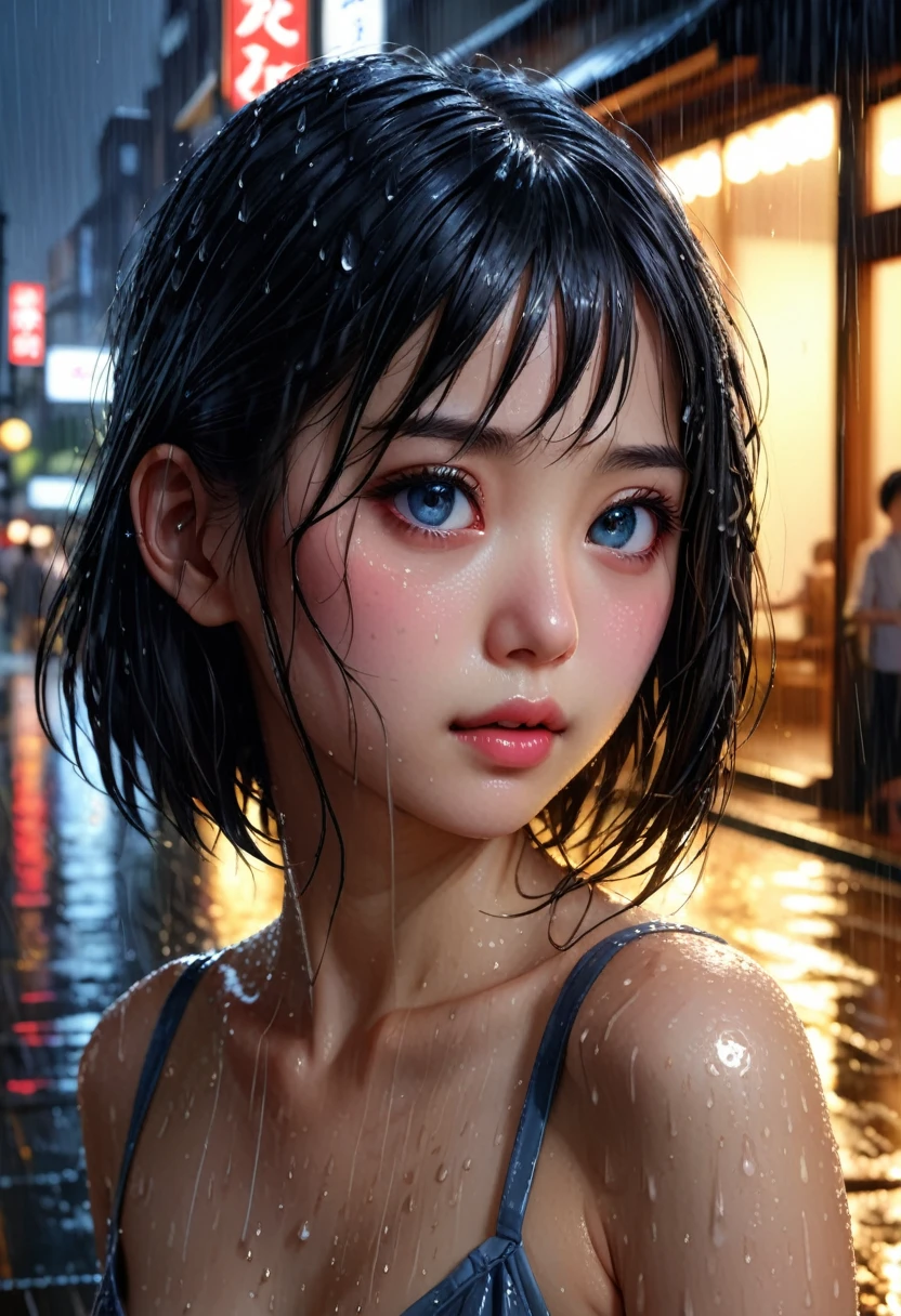 one japanese girl soaked in the rain, skin reflected by the light of the building, night,(((masterpiece))), (((best quality))), ((ultra-detailed)), (illustration), (detailed light),((an extremely delicate and beautiful)),(beautiful detailed eyes),