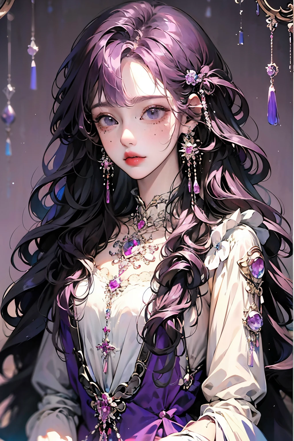 Anime-Mädchen posiert für ein Foto mit langen lila Haaren und Ohrringen, eine Anime-Zeichnung inspiriert von Yanjun Cheng, Pisif, Fantasy-Kunst, lila wallendes Haar, langes lockiges lila Haar, Guviz, ein wunderschönes Anime-Porträt, Kunstwerke im Guviz-Stil, im Kunststil von Bowater, Anime-Mädchen mit langen Haaren, lila gewelltes Haar, wunderschöner Anime-Stil