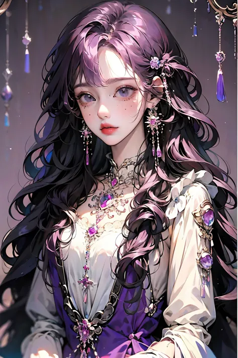 Anime girl sit posing for photo with long purple hair and earrings, an anime drawing inspired by Yanjun Cheng, Pisif, Fantasy ar...