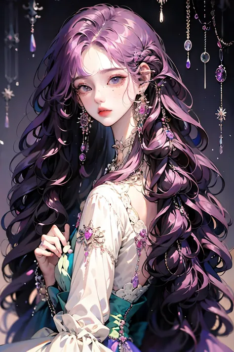 Anime girl sit posing for photo with long purple hair and earrings, an anime drawing inspired by Yanjun Cheng, Pisif, Fantasy ar...