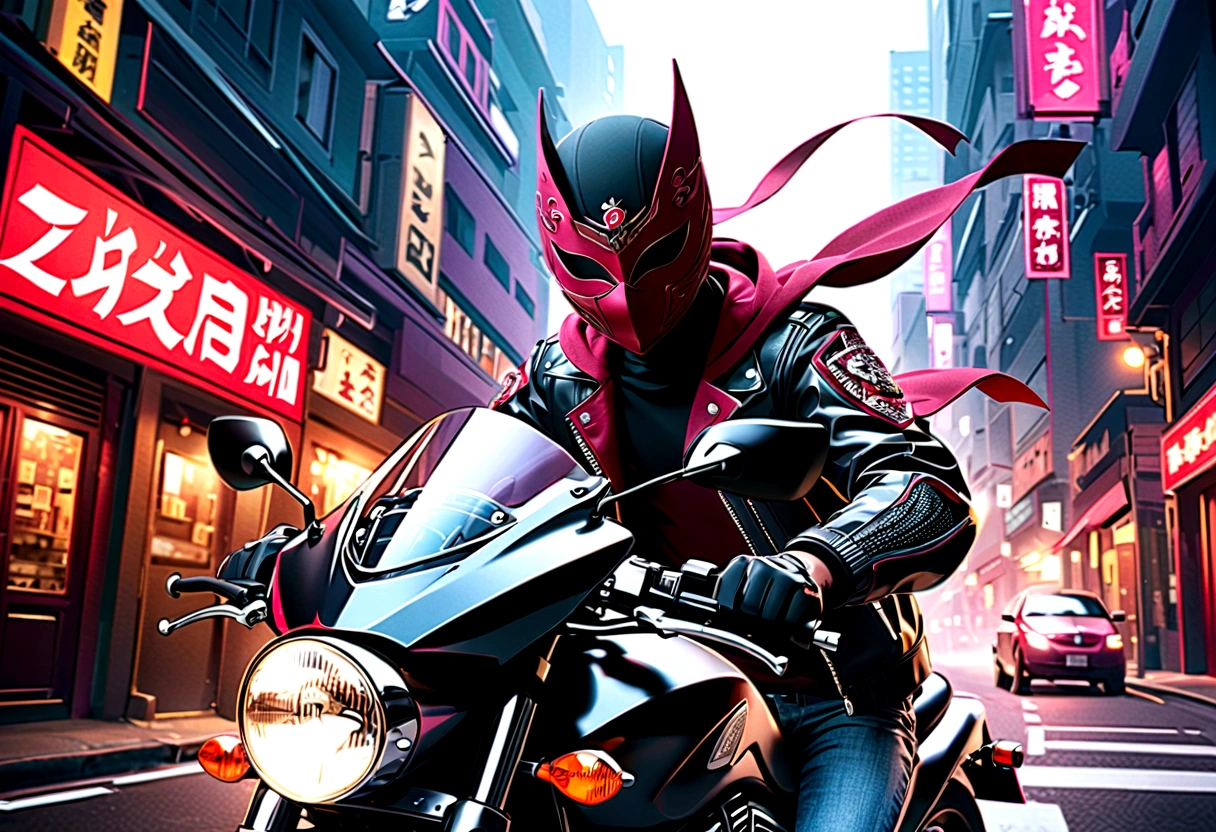 masked rider on a motorcycle