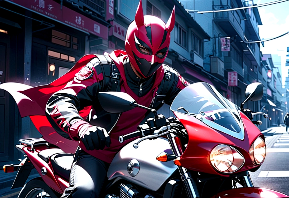 masked rider on a motorcycle