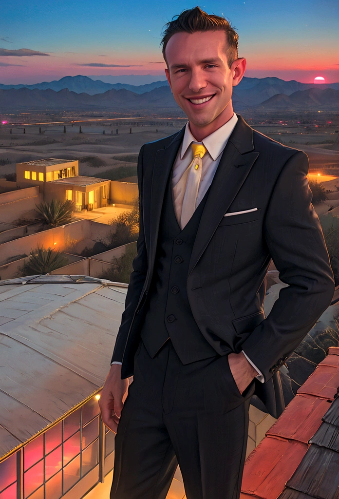 (solo), RAW Photo, photo of man Todder8 on a rooftop overlooking a small city at twilight wearing classic dapper clothes, (wearing suit), glow of the setting sun, vibrant ambiance, desert mountains, neon lights, music, (jet magazine), male, smiling, short hair, Todder5