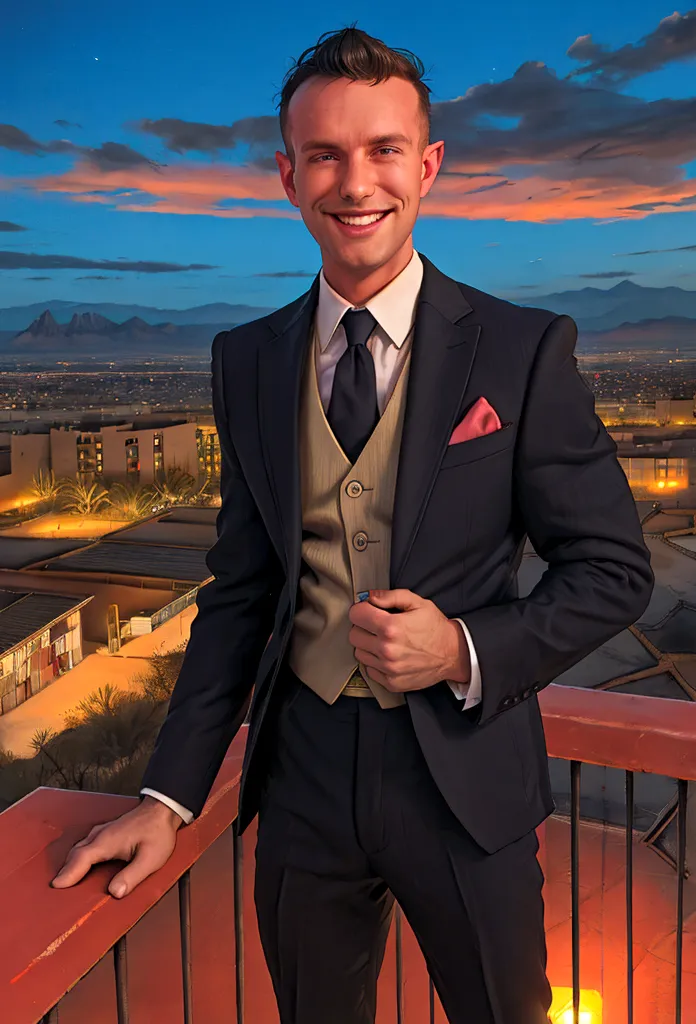 (solo), raw photo, photo of man todder8 on a rooftop overlooking a small city at twilight wearing classic dapper clothes, (weari...