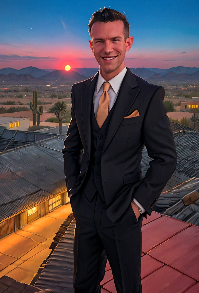 (solo), RAW Photo, photo of man Todder8 on a rooftop overlooking a small city at twilight wearing classic dapper clothes, (wearing suit), glow of the setting sun, vibrant ambiance, desert mountains, neon lights, music, (jet magazine), male, smiling, short hair, Todder5