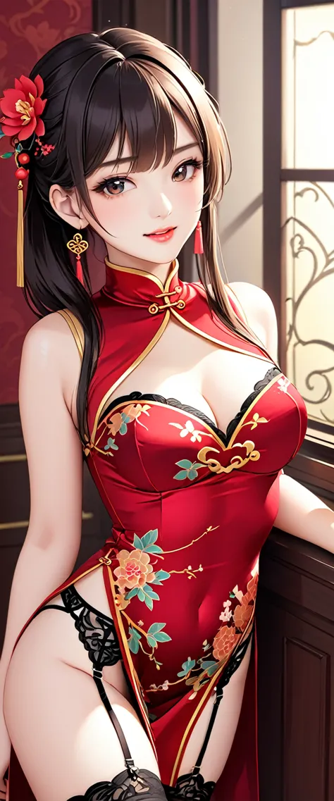 high resolution, adult women , good lighting, contemptible, , (exposed), (((cheongsam))), (()), ((())), (garter belt), abdomen o...