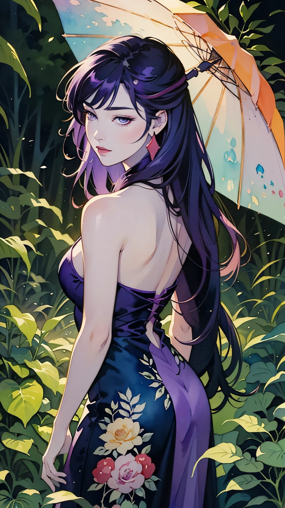 ((watercolor painting)) of a woman with purple hair and a purple dress, beautiful character painting, watercolor detailed art, in the art style of bowater, beautiful anime portrait, watercolor colored painting, alice x. zhang, detailed watercolor painting, masterful detailed watercolor, princess portrait, highly detailed exquisite fanart, watercolor artstyle, watercolor painting style, detailed color portrait, beautiful anime art style