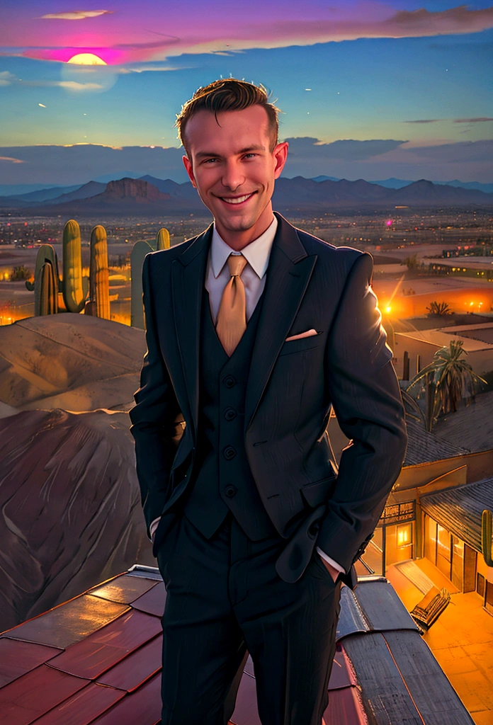 (solo), RAW Photo, photo of man Todder8 on a rooftop overlooking a small city at twilight wearing classic dapper clothes, (wearing suit), glow of the setting sun, vibrant ambiance, desert mountains, neon lights, music, (jet magazine), male, smiling, short hair, Todder5