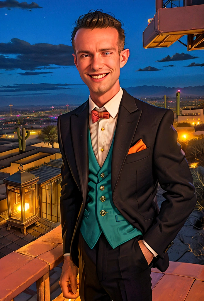 (solo), RAW Photo, photo of man Todder8 on a rooftop overlooking a small city at twilight wearing classic dapper clothes, (wearing suit), glow of the setting sun, vibrant ambiance, desert mountains, neon lights, music, (jet magazine), male, smiling, short hair, Todder5