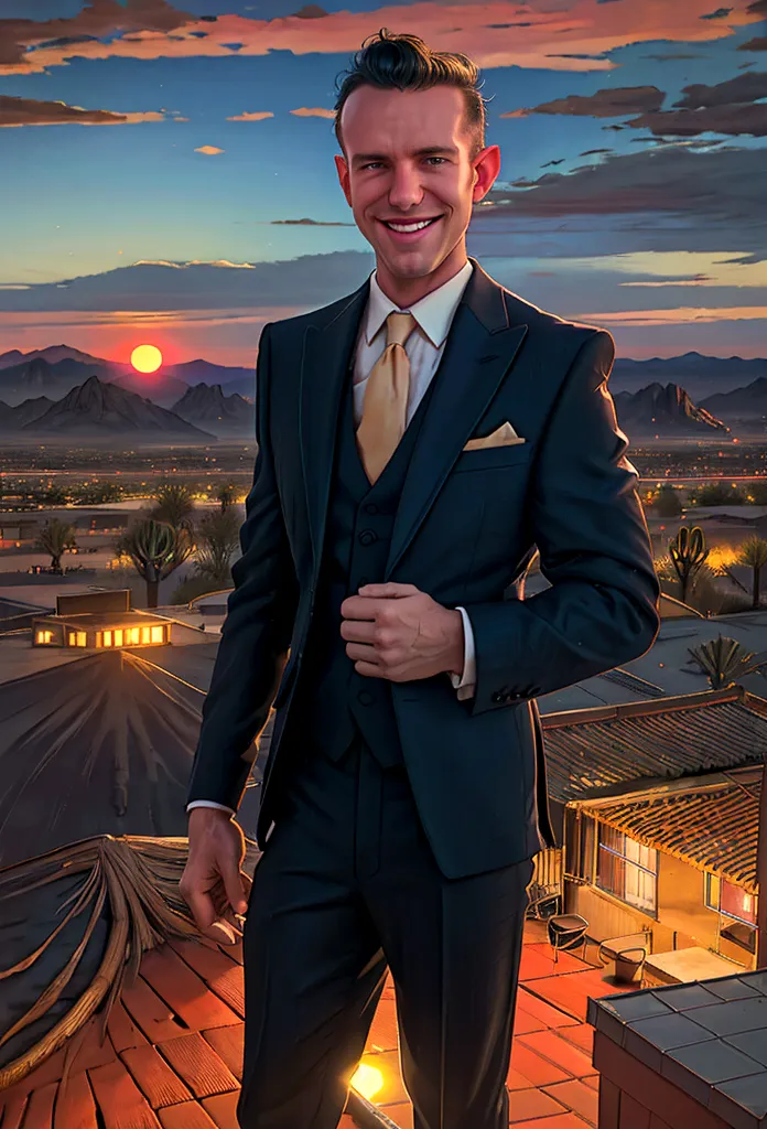 (solo), raw photo, photo of man todder8 on a rooftop overlooking a small city at twilight wearing classic dapper clothes, (weari...