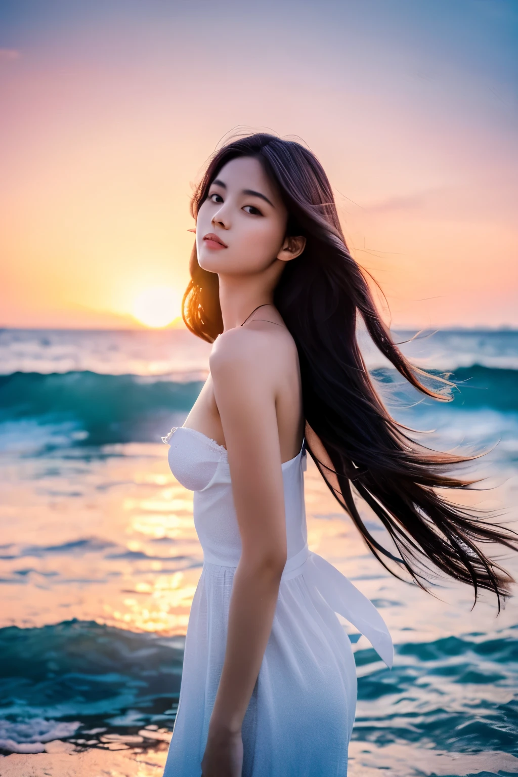 Create a high-quality, hyper-realistic portrait of a very beautiful Japanese idol. She is wearing a clean white summer dress and is squatting on the beach during sunset at sea. The deep indigo of the night sky contrasts with the last vestiges of crimson near the horizon, with swaying waves in the background. The girl has semi-long hair and a slender body with small breasts. The photo should capture her with detailed eyes, a detailed face, and a beautiful, sophisticated nose. The image should have a realistic, delicate, and finely detailed quality, suitable for a fashion magazine cover. Use cinema lighting and soft light to enhance her features. Ensure the photo is of the highest quality, with a resolution of 8K, making it perfect for a 2K wallpaper.