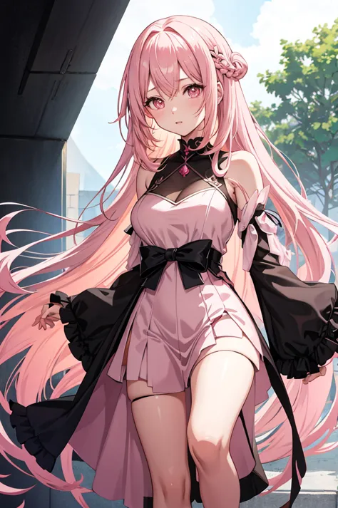 solo, 1girl, mature anime female, light pink hair, long hair, dark pink eyes, subtle blush, love goddess, sundress