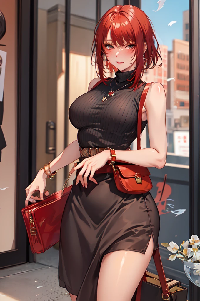 masterpiece, best quality, PIXIV, cowboy shot, red hair,
1girl, breasts, blush, sleeveless,jewelry, looking at viewer, skirt, necklace, solo, bag, sweater, turtleneck, sleeveless turtleneck, jacket, sleeveless sweater, long skirt, medium hair, handbag
