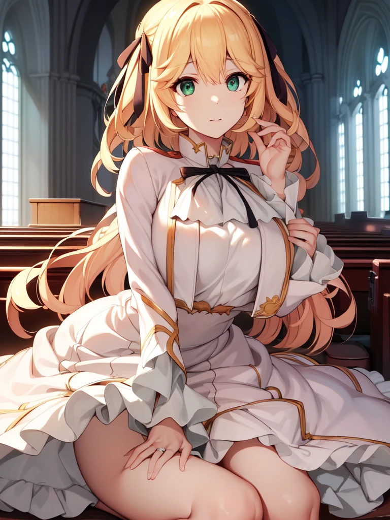 A girl，Long hair, Bangs, Blonde hair, Hair between the eyes, s eyes:（1.5),  (Large Breasts:1.2), 
rest  锁骨, Wedding dress，veil，wedding，White Dress，Flowers，The skirt is broken，White socks，Tights，White knee socks，
Looking at the audience, whole body,
indoors, church，permanent，permanent，
rest (masterpiece:1.2), best quality, high resolution, Unity 8K wallpaper, (illustration:0.8), (美丽细致s eyes:1.6), Extremely detailed face, Perfect lighting, Extremely detailed CG, (Perfect hands, Perfect anatomical structure),