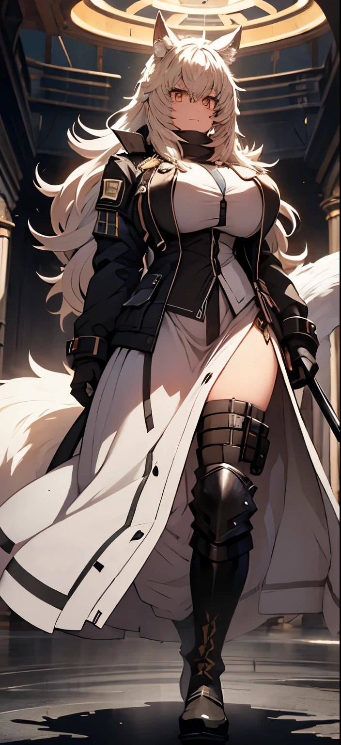 (best quality, masterpiece:1.2), backlit lighting, extremely detailed background,,de pele branca, Massive, muscular girl, Kaiju, aggressive, Proud,long, wavy white hair,Long dark blue coat,very very gigantic ,muffler,Wolf Girl,Golden decoration,big tail,trouser,Big animal ears,huge sword,long boots,Warm clothing,Clothes that are large in size,No skin exposure,Fluffy,venusbody,arknights,angry,