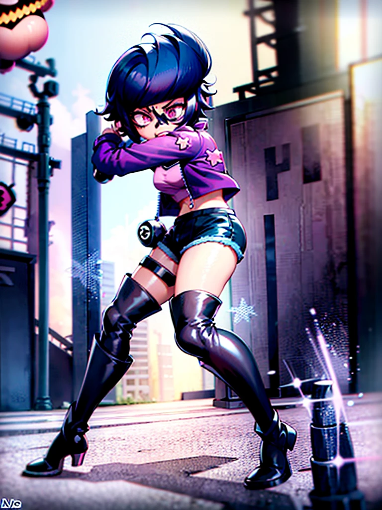 one girl,Bibi,brawl stars,slim,Japanese,black,short hair,purple jacket,Pink T-shirt,short shorts,stockings,knee-high boots,heels,bits,game character