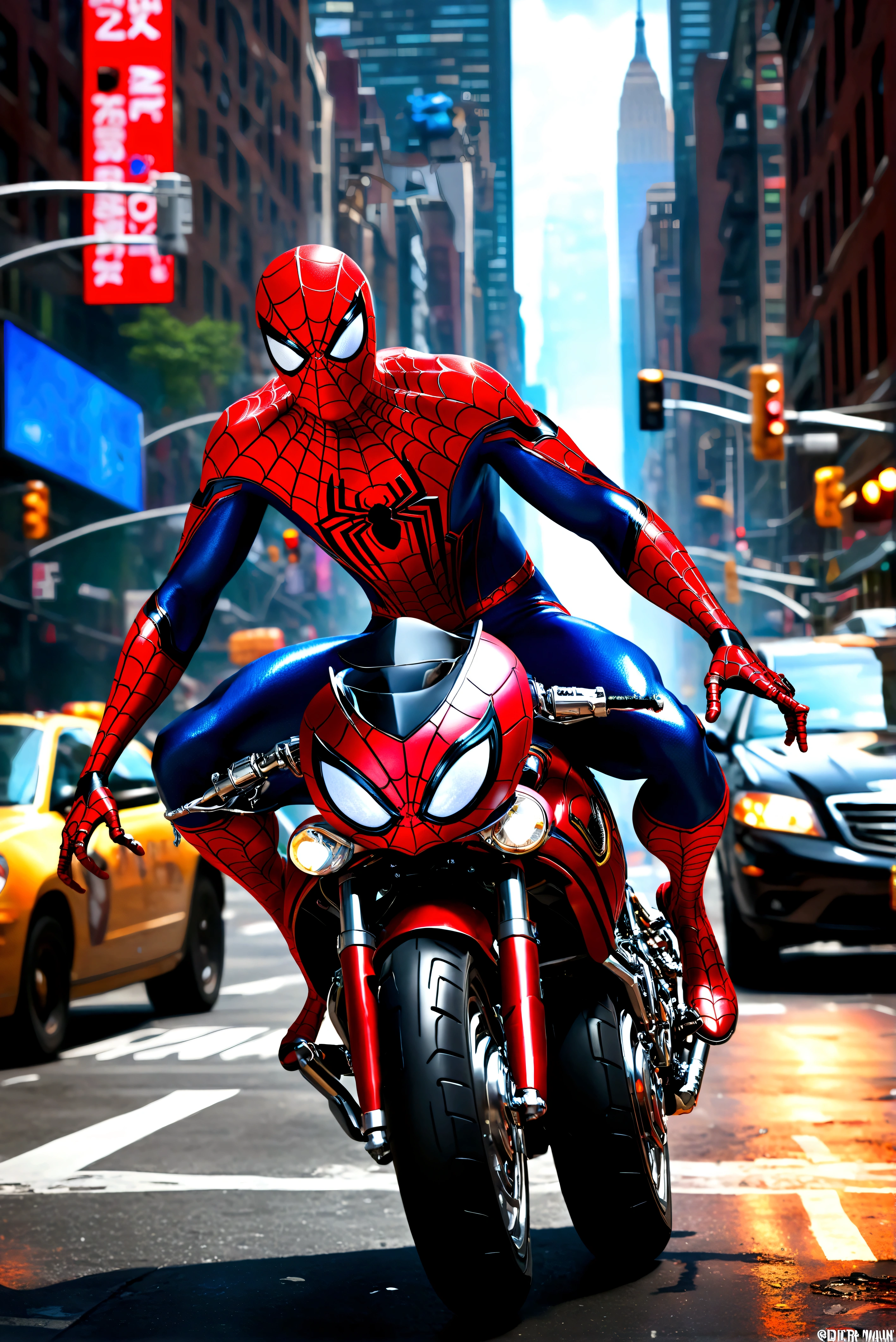 a detailed photo of spider-man riding a spider-man themed motorcycle on the streets of new york city, dynamic action pose, dramatic lighting, cinematic angle, highly detailed, intricate mechanical details, realistic rendering, digital art, concept art (Spiderwebs spell 'Spider Man' across the top of the picture in comic book style)
