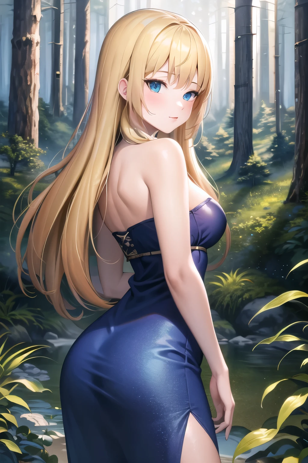 ((best quality, high quality, masterpiece, highres)), ruri, 1girl, solo, blue dress, dress, strapless, bare shoulders, cowboy shot, (forest:1.2), looking at viewer,  looking back,solo, posing for picture, seductive, perfect lighting, perfect shadows, Blushing, 