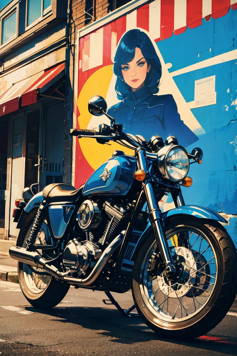 there is a blue motorcycle parked in front of a building, in style of digital illustration, digital illustration -, inspired by Lubin Baugin, digital ilustration, illustrated poster, detailed digital illustration, poster illustration, digital illustration, retro poster, vintage poster style, cycles 3 d render, stylized digital illustration, inspired by Oskar Lüthy,mStoke,J_poster