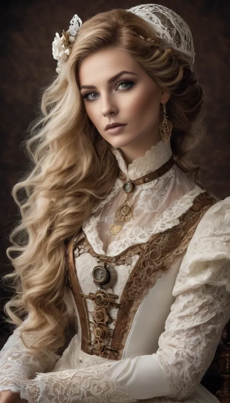 Un portrait hyperréaliste d’une sublime femme royale aux cheveux châtain clair trèslong, portant une robe en dentelle blanche av...