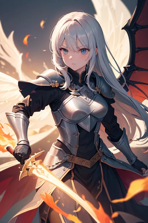 ((super fine illustration, 8k, Masterpiece :1.2, Sharp focus :1.2, depth of field:1.2)), Beautiful swordswoman, absurdity, Highly detailed face and skin texture, silver hair, jet-black armor, flame armor, cloak wrapped in flames, sword wrapped in flames, flame wings, determination to overcome sorrow, A sign of determination in your gentle eyes , strong soul