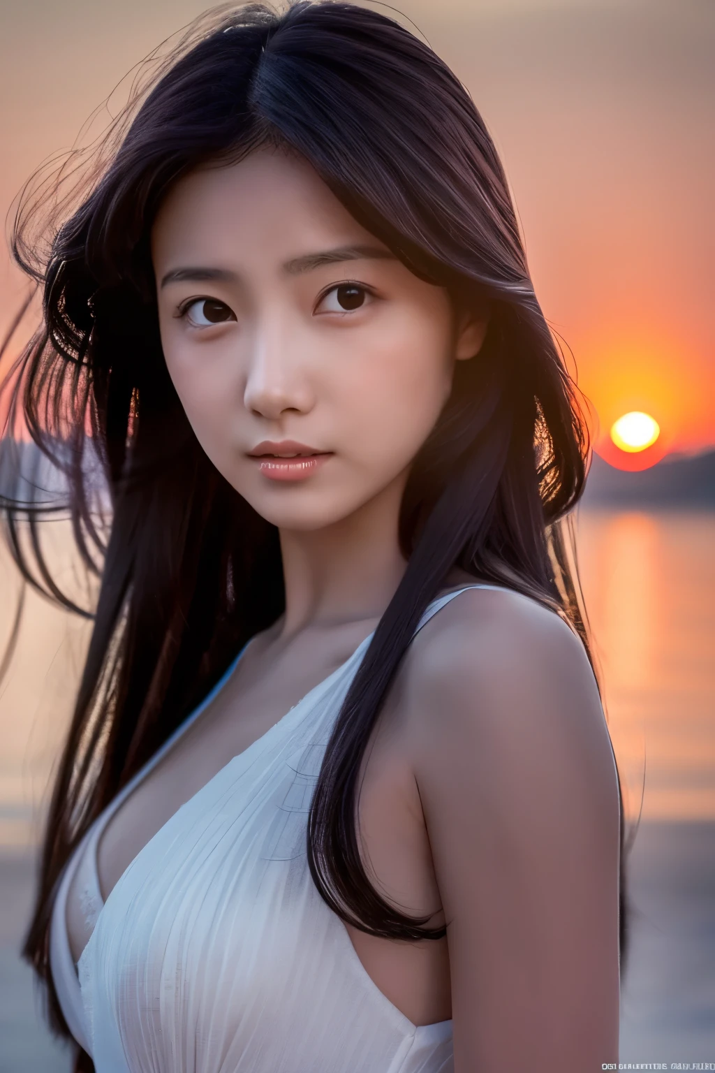 Create a high-quality, hyper-realistic portrait of a very beautiful Japanese idol. She is wearing a clean white summer dress and is squatting on the beach during sunset at sea. The deep indigo of the night sky contrasts with the last vestiges of crimson near the horizon, with swaying waves in the background. The girl has semi-long hair and a slender body with small breasts. The photo should capture her with detailed eyes, a detailed face, and a beautiful, sophisticated nose. The image should have a realistic, delicate, and finely detailed quality, suitable for a fashion magazine cover. Use cinema lighting and soft light to enhance her features. Ensure the photo is of the highest quality, with a resolution of 8K, making it perfect for a 2K wallpaper.