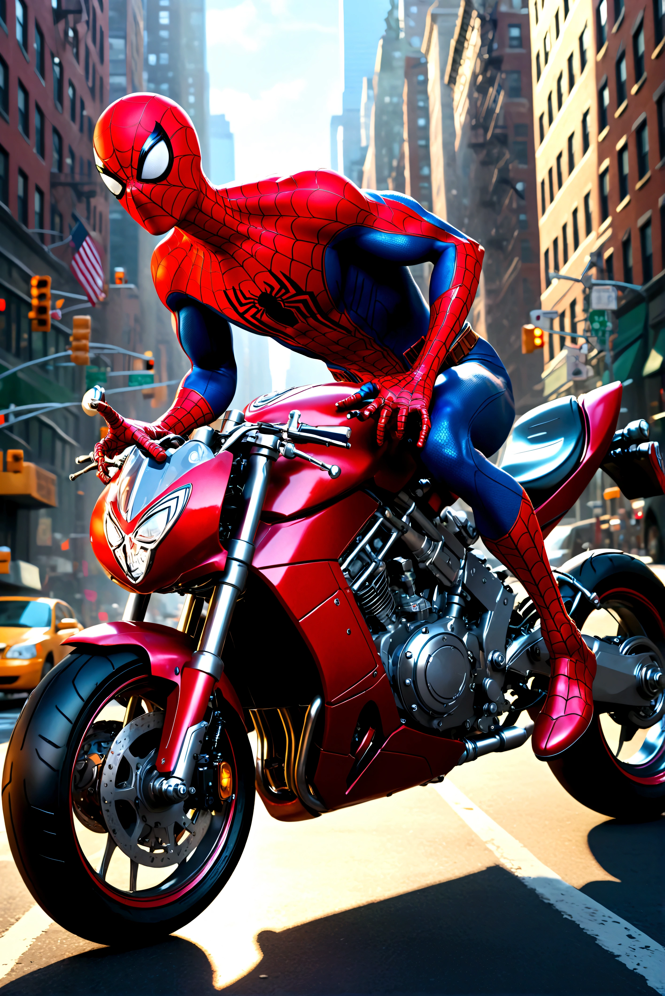 a detailed photo of spider-man riding a spider-man themed motorcycle on the streets of new york city, dynamic action pose, dramatic lighting, cinematic angle, highly detailed, intricate mechanical details, realistic rendering, digital art, concept art (Spiderwebs spell 'Spider Man' across the top of the picture in comic book style)
