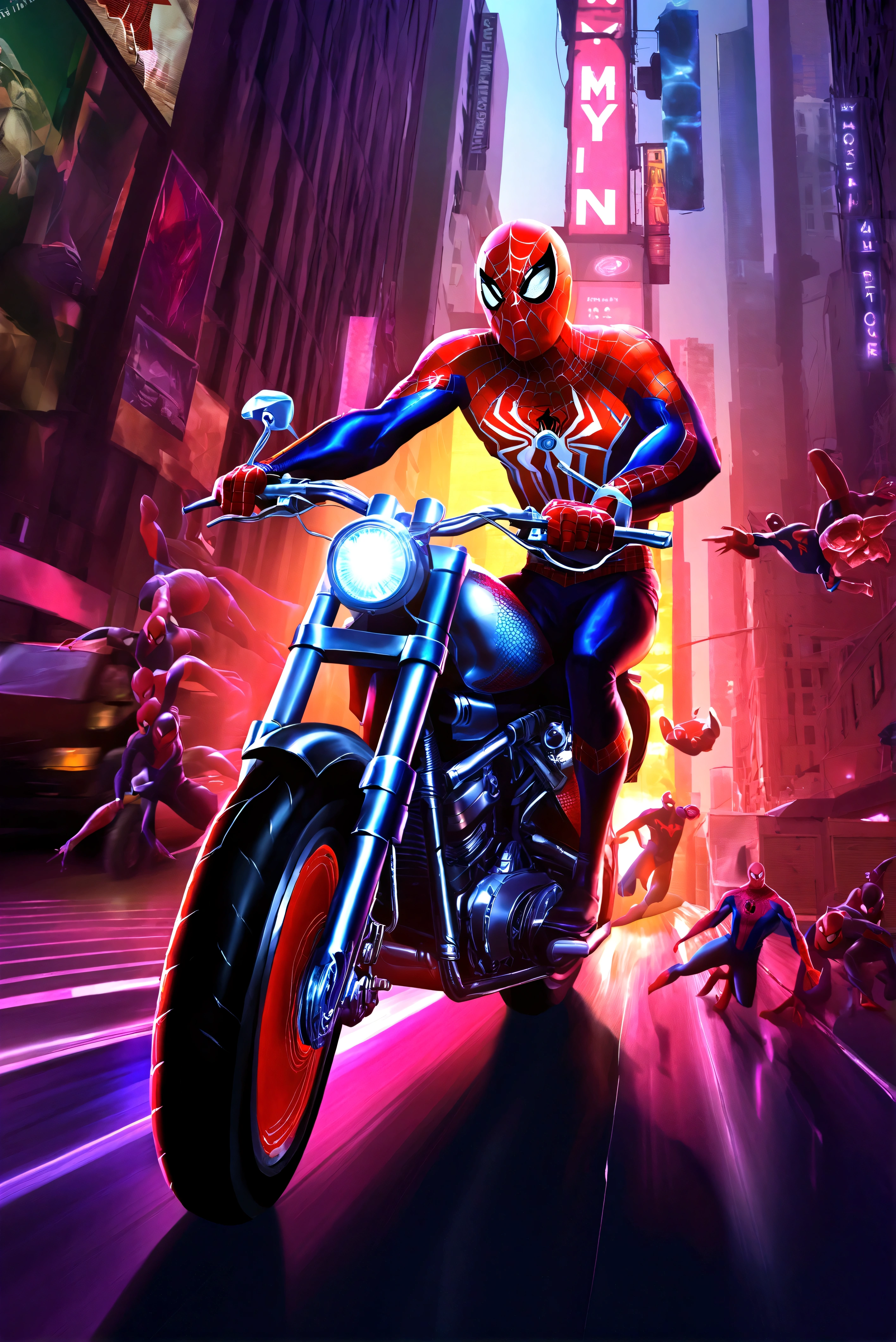 a detailed photo of spider-man riding a spider-man themed motorcycle on the streets of new york city, dynamic action pose, dramatic lighting, cinematic angle, highly detailed, intricate mechanical details, realistic rendering, digital art, concept art (Spiderwebs spell 'Spider Man' across the top of the picture in comic book style)
