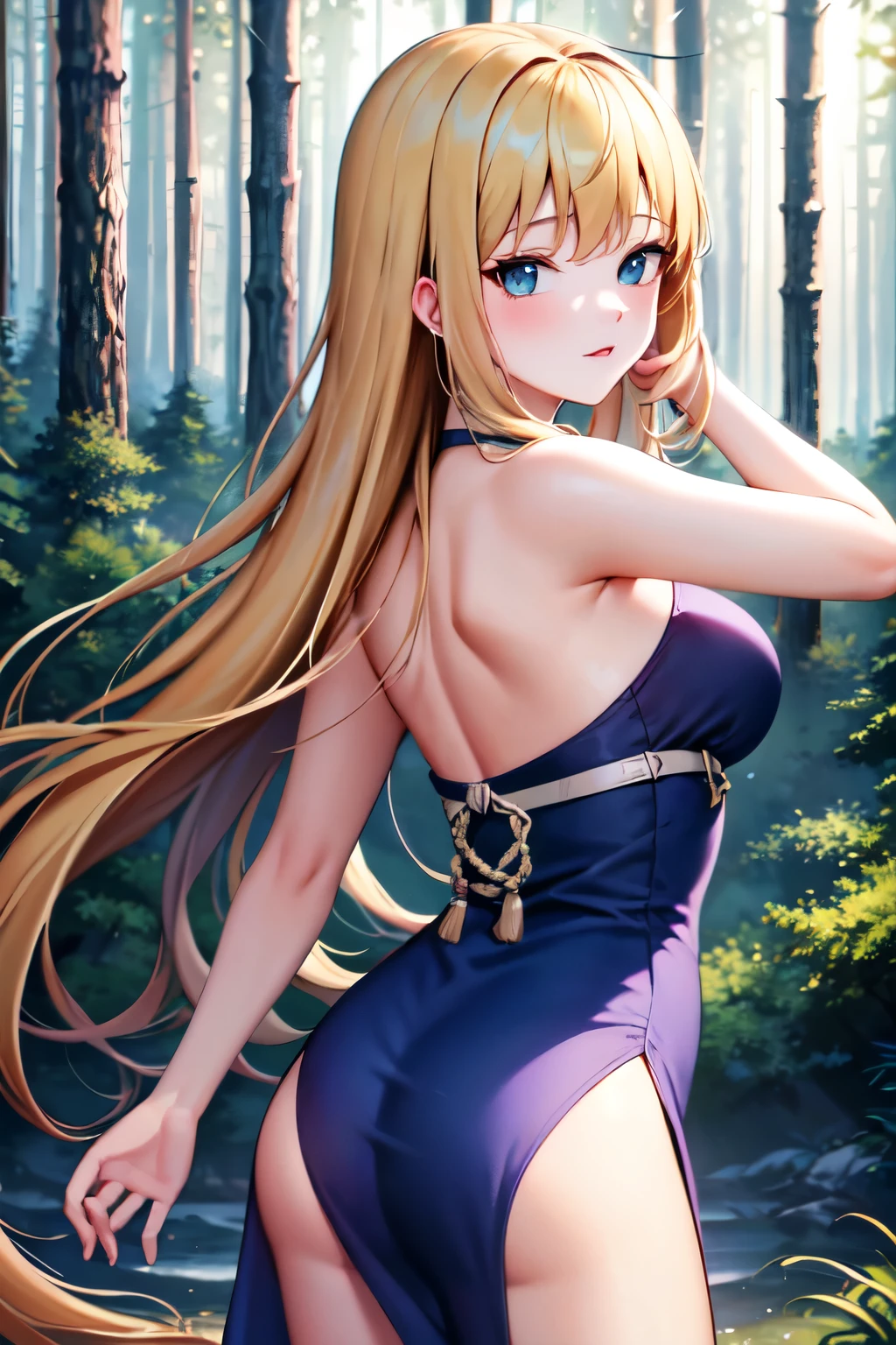 ((best quality, high quality, masterpiece, highres)), ruri, 1girl, solo, blue dress, dress, strapless, bare shoulders, cowboy shot, (forest:1.2), looking at viewer,  looking back,solo, posing for picture, seductive, perfect lighting, perfect shadows, Blushing, 