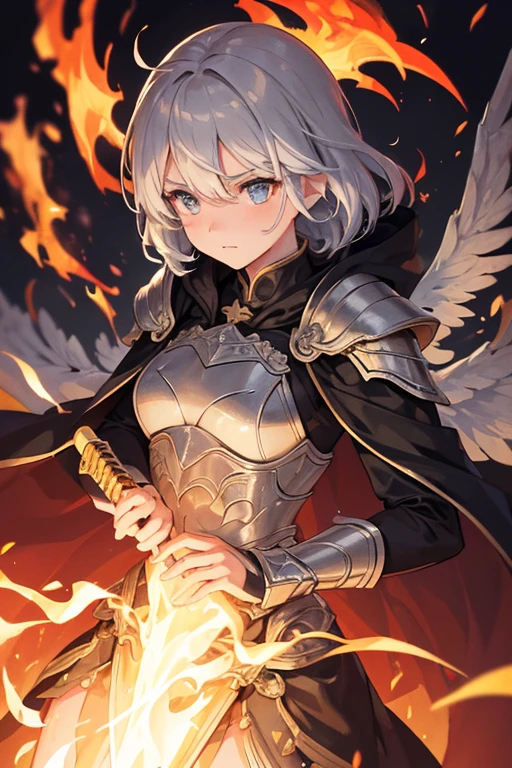 ((super fine illustration, 8k, Masterpiece :1.2, Sharp focus :1.2, depth of field:1.2)), Beautiful swordswoman, absurdity, Highly detailed face and skin texture, silver hair, jet-black armor, flame armor, cloak wrapped in flames, sword wrapped in flames, flame wings, determination to overcome sorrow, A sign of determination in your gentle eyes , strong soul