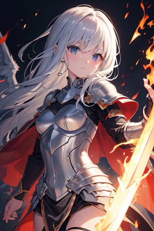 ((super fine illustration, 8k, Masterpiece :1.2, Sharp focus :1.2, depth of field:1.2)), Beautiful swordswoman, absurdity, Highly detailed face and skin texture, silver hair, jet-black armor, flame armor, cloak wrapped in flames, sword wrapped in flames, flame wings, determination to overcome sorrow, A sign of determination in your gentle eyes , strong soul