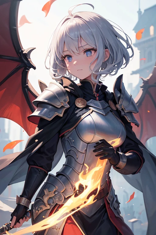 ((super fine illustration, 8k, Masterpiece :1.2, Sharp focus :1.2, depth of field:1.2)), Beautiful swordswoman, absurdity, Highly detailed face and skin texture, silver hair, jet-black armor, flame armor, cloak wrapped in flames, sword wrapped in flames, flame wings, determination to overcome sorrow, A sign of determination in your gentle eyes , strong soul