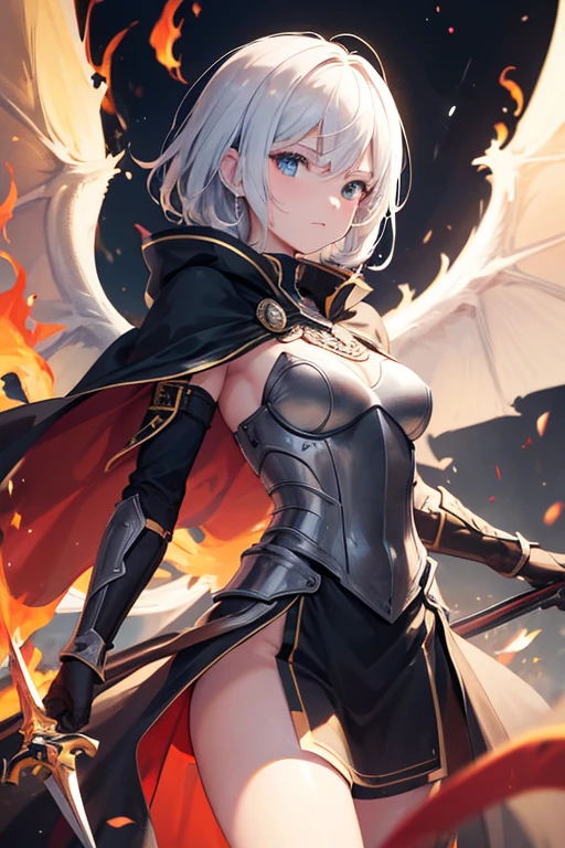 ((super fine illustration, 8k, Masterpiece :1.2, Sharp focus :1.2, depth of field:1.2)), Beautiful swordswoman, absurdity, Highly detailed face and skin texture, silver hair, jet-black armor, flame armor, cloak wrapped in flames, sword wrapped in flames, flame wings, determination to overcome sorrow, A sign of determination in your gentle eyes , strong soul