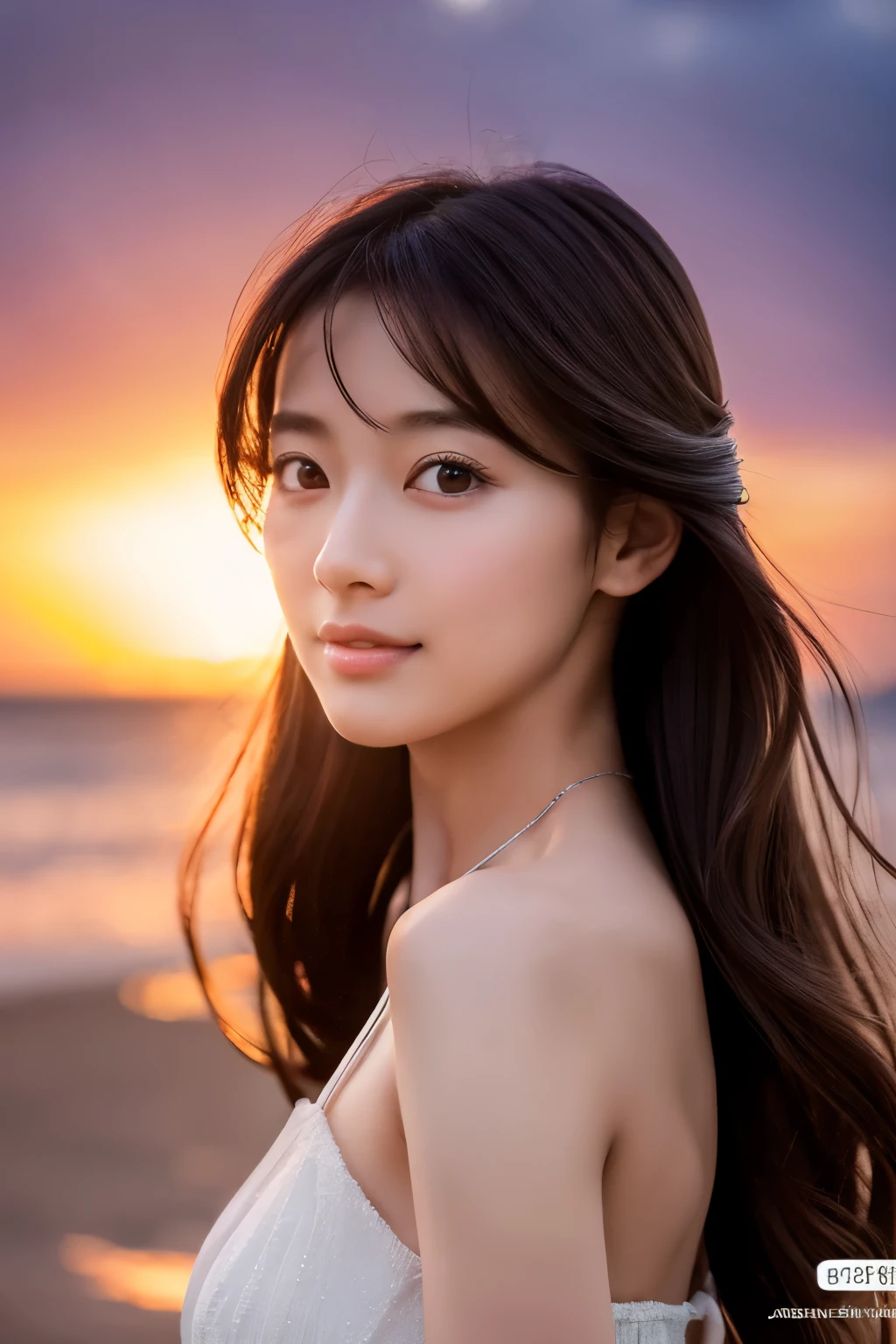 Erstellen Sie ein hochwertiges, hyperrealistisches Porträt eines sehr schönen japanischen Idols. Sie trägt ein sauberes weißes Sommerkleid und hockt am Strand bei Sonnenuntergang auf dem Meer. Das tiefe Indigo des Nachthimmels kontrastiert mit den letzten Spuren von Purpur am Horizont, mit wogenden Wellen im Hintergrund. Das Mädchen hat halblanges Haar und einen schlanken Körper mit kleinen Brüsten. Das Foto sollte sie mit detaillierten Augen einfangen, Ein detailliertes Gesicht, und eine schöne, raffinierte Nase. Das Bild sollte realistisch wirken, empfindlich, und detailreiche Qualität, geeignet für das Cover eines Modemagazins. Verwenden Sie Kinobeleuchtung und weiches Licht, um ihre Gesichtszüge hervorzuheben. Stellen Sie sicher, dass das Foto von höchster Qualität ist, mit einer Auflösung von 8K, Perfekt für ein 2K-Hintergrundbild.