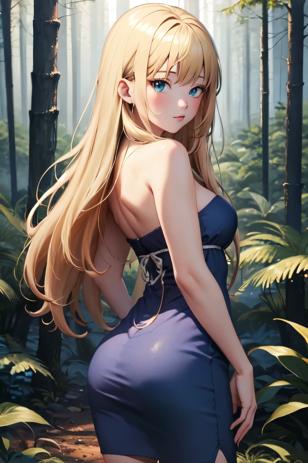 ((best quality, high quality, masterpiece, highres)), ruri, 1girl, solo, blue dress, dress, strapless, bare shoulders, cowboy shot, (forest:1.2), looking at viewer,  looking back,solo, posing for picture, seductive, perfect lighting, perfect shadows, Blushing, ass