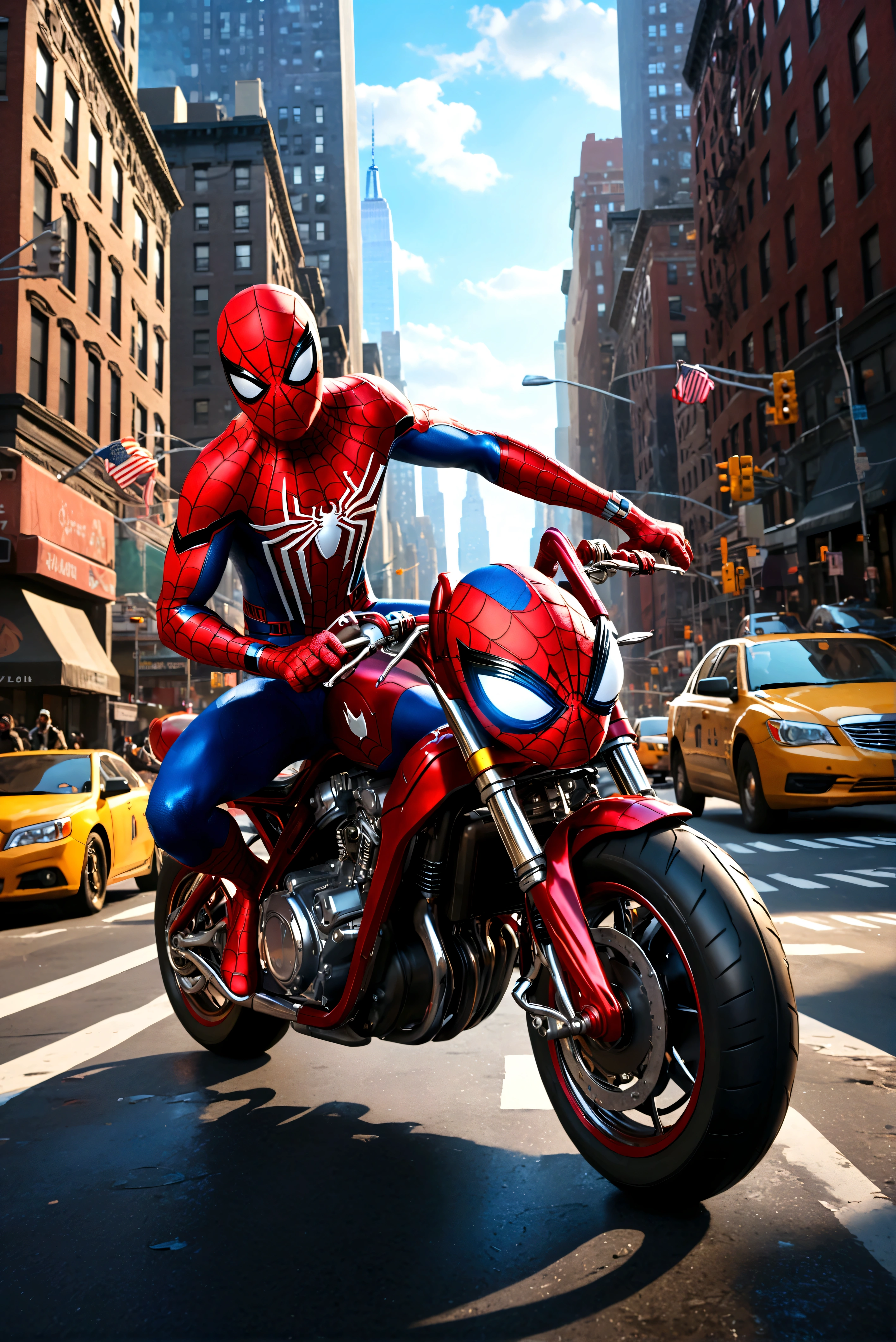 a detailed photo of spider-man riding a spider-man themed motorcycle on the streets of new york city, dynamic action pose, dramatic lighting, cinematic angle, highly detailed, intricate mechanical details, realistic rendering, digital art, concept art (Spiderwebs spell 'Spider Man' across the top of the picture in comic book style)
