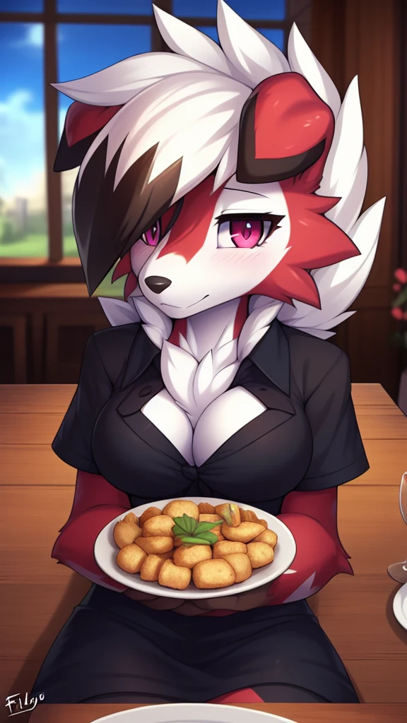 By zinfyu,by twistedscarlet60, uploaded on pixiv, by fluff-kevlar, (masterpiece), (best quality), (solo female:1.2), (extremely detailed:1.3),(detailed eye,black circle on eye,pink eye), lycanroc midnight, view on viewer, close view, shy face, half body on potrait, only body and head, close view, wearing black dress,in dining room,food,sitting, table, (tail:1.1), closeup photo of lycanroc, adult body posture, has flower on her hair