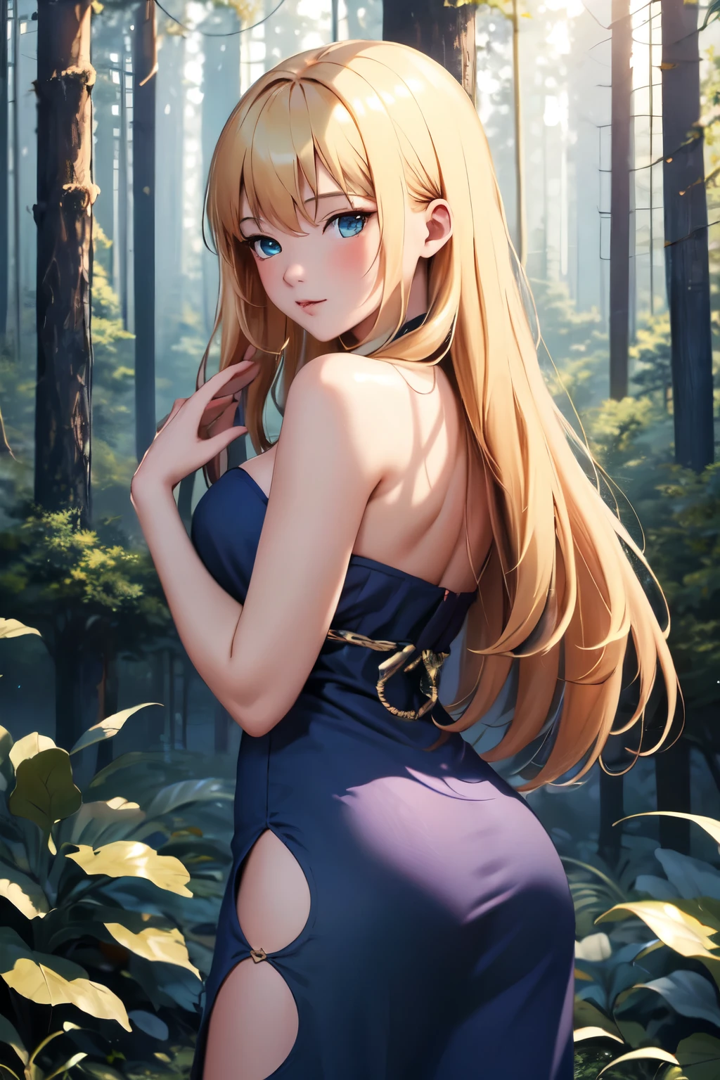 ((best quality, high quality, masterpiece, highres)), ruri, 1girl, solo, blue dress, dress, strapless, bare shoulders, cowboy shot, (forest:1.2), looking at viewer,  looking back,solo, posing for picture, seductive, perfect lighting, perfect shadows, Blushing, ass, very sexy,