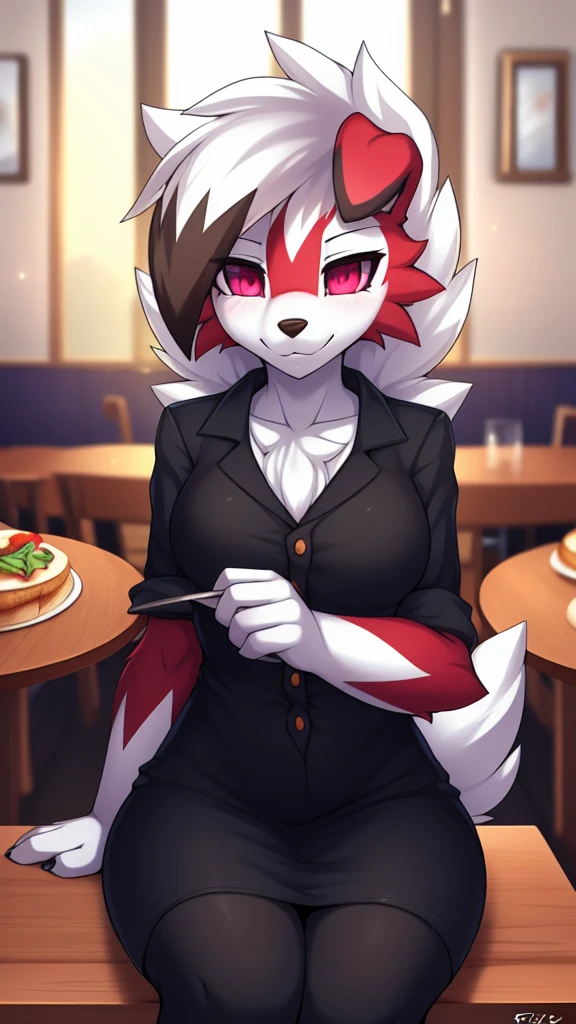 By zinfyu,by twistedscarlet60, uploaded on pixiv, by fluff-kevlar, (masterpiece), (best quality), (solo female:1.2), (extremely detailed:1.3),(detailed eye,black circle on eye,pink eye), lycanroc midnight, view on viewer, close view, shy face, half body on potrait, only body and head, close view, wearing black dress,in dining room,food,sitting, table, (tail:1.1), closeup photo of lycanroc, adult body posture, has flower on her hair