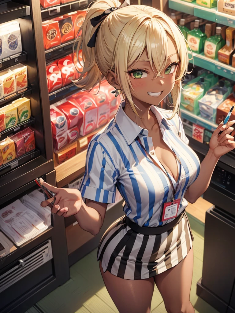 (A beautiful young Japanese woman), nsfw, Detailed Background, (((独奏))), ((Excellent anatomy: 1.2)), (Blonde, ponytail), Big Tits, (dark skin:1.5), (green eyes), (Beautiful Eyes), (((convenience store employee uniform, vertical striped shirt:1.3, short sleeves, id card, black pencil mini skirt))), (cleavage), (grin:1.4), Blushing, Earrings, Are standing, Beautiful thighs, from above, from front, (((have Condom)))