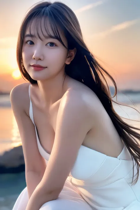 create a high-quality, hyper-realistic portrait of a very beautiful japanese idol. she is wearing a clean white summer dress and...