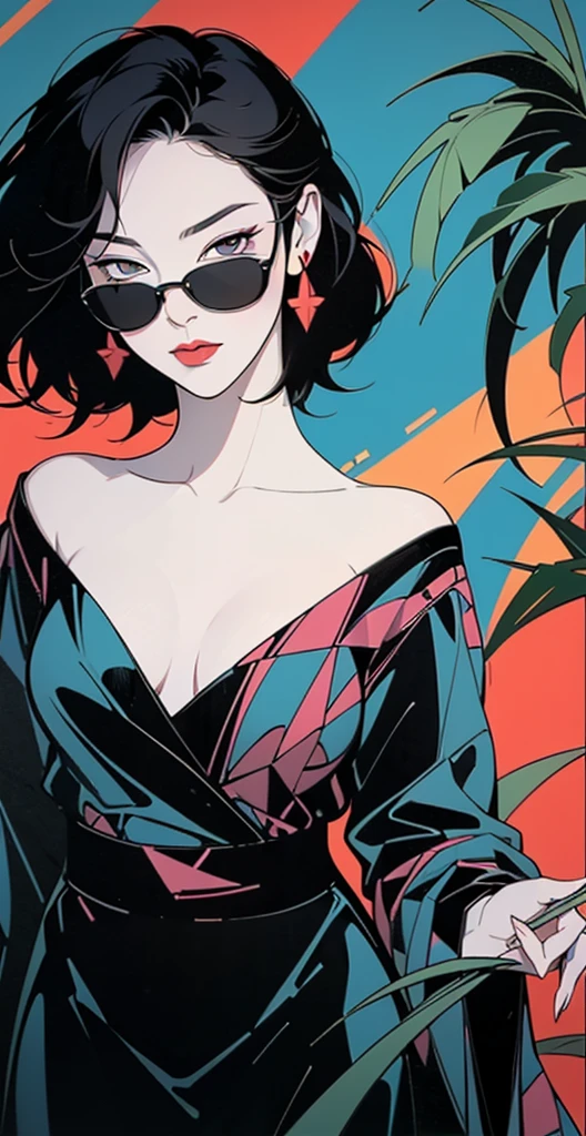 woman in a dress standing in front of simple background, up close, ((Art style by Patrick Nagel)), ((8k, wallpaper, detailed)), dark sunglasses, korean pop-star, black hair, pretty hands, fringe, simple red background, palm trees, (graffiti wall:1.2), strong, courageous, art by Patrick Nagel, album art cover